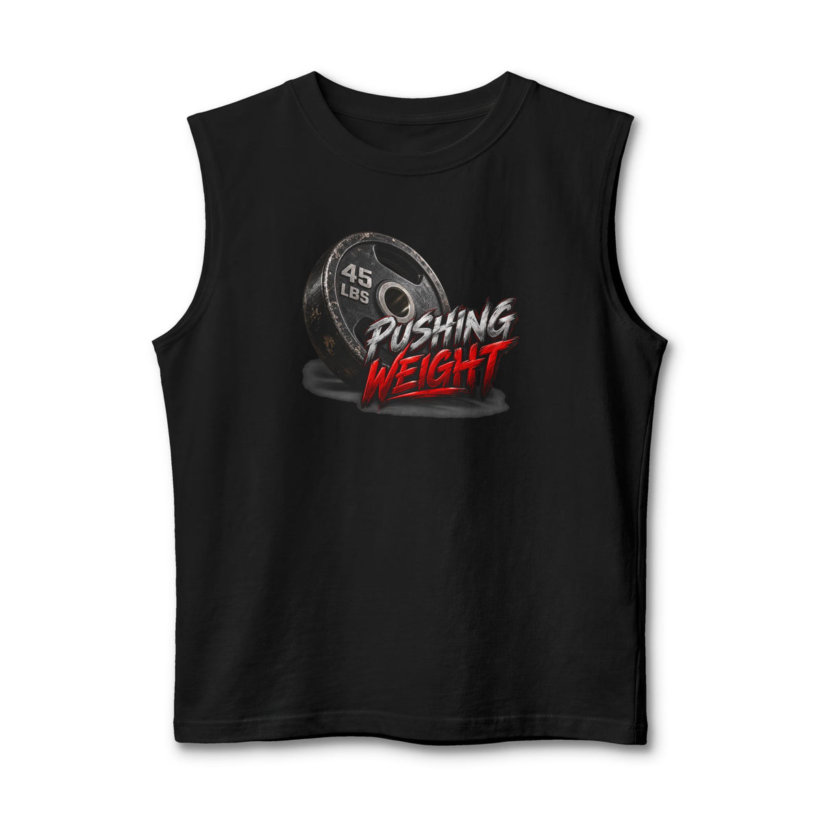 Pushing Weight Muscle Tank — Graphic Fitness Tank Top with 45 LB Plate