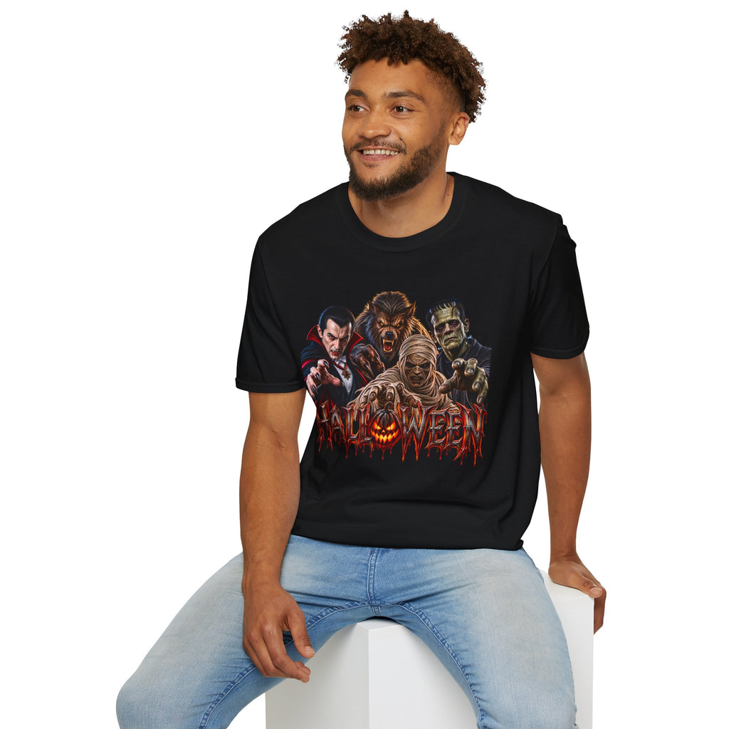 Halloween Classic Monsters T‑Shirt — Dracula, Werewolf, Mummy & Frankenstein Tee