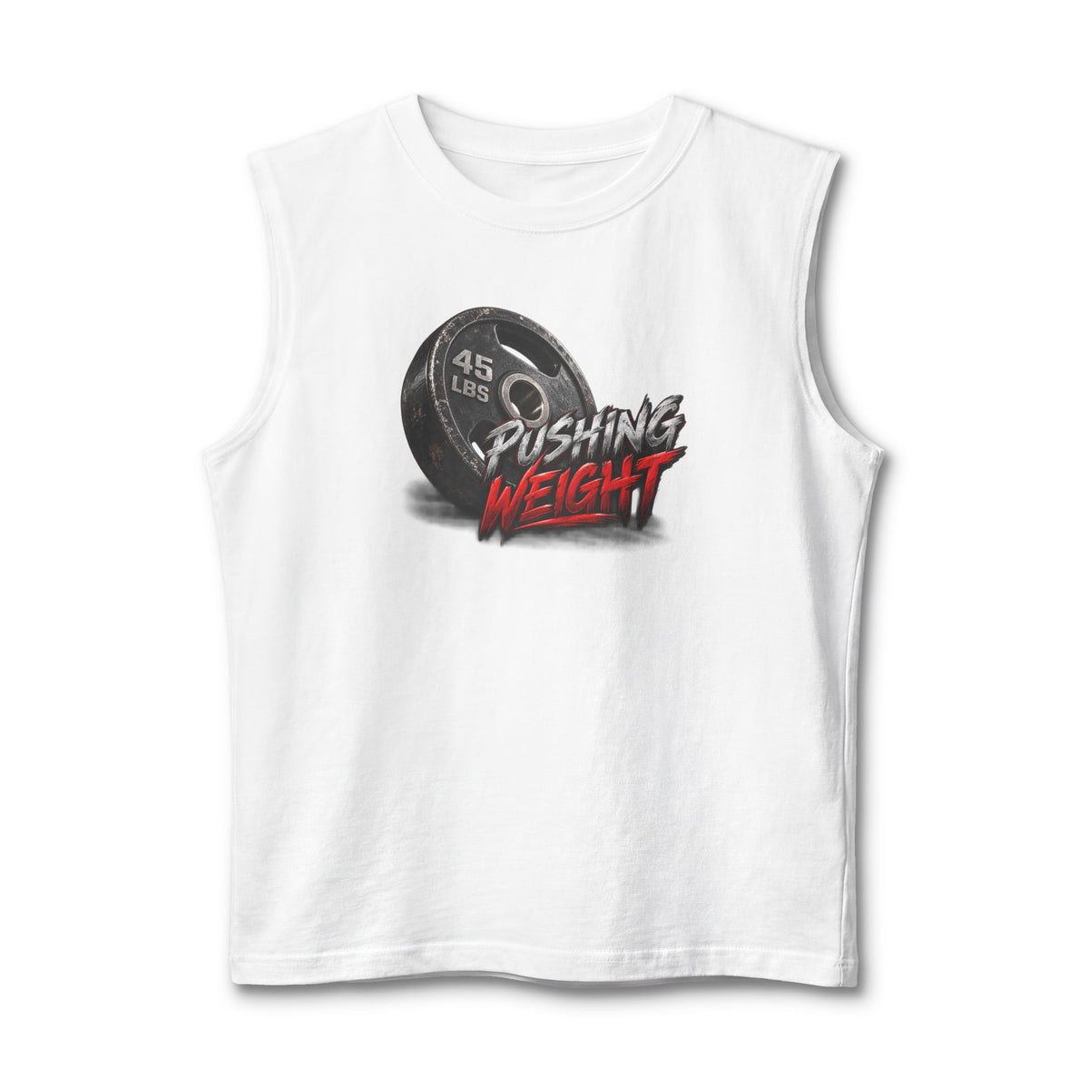 Pushing Weight Muscle Tank — Graphic Fitness Tank Top with 45 LB Plate