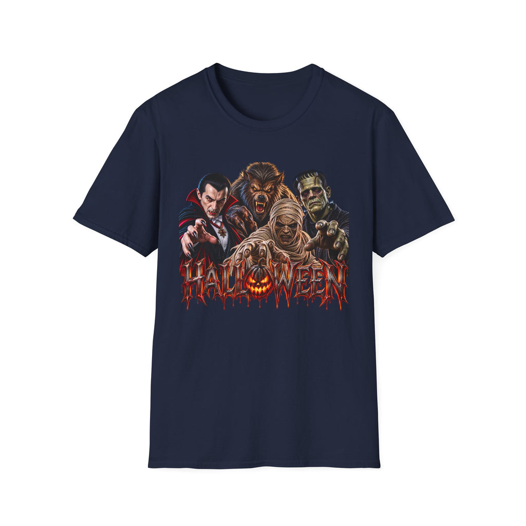 Halloween Classic Monsters T‑Shirt — Dracula, Werewolf, Mummy & Frankenstein Tee