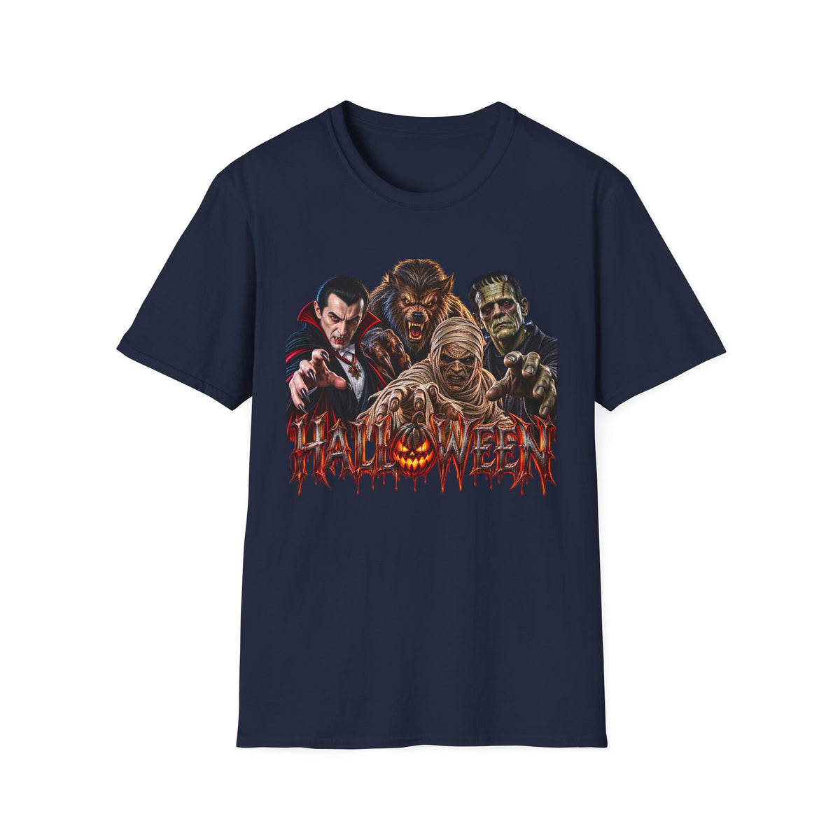 Halloween Classic Monsters T‑Shirt — Dracula, Werewolf, Mummy & Frankenstein Tee