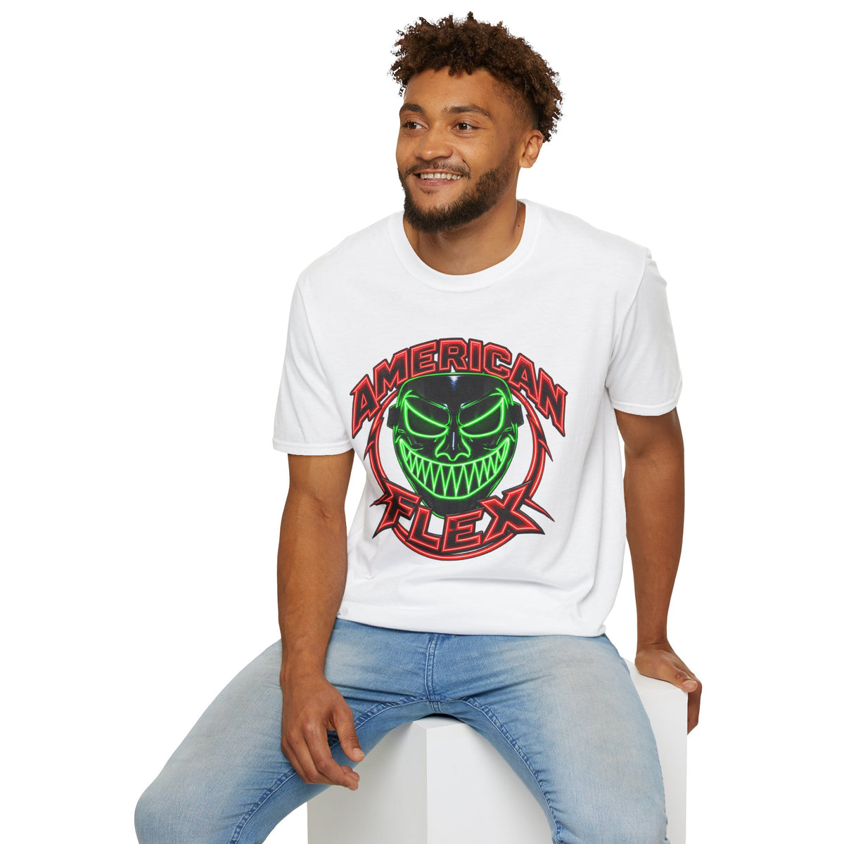 American Flex Graphic T-Shirt — Neon Skull Patriotic Streetwear