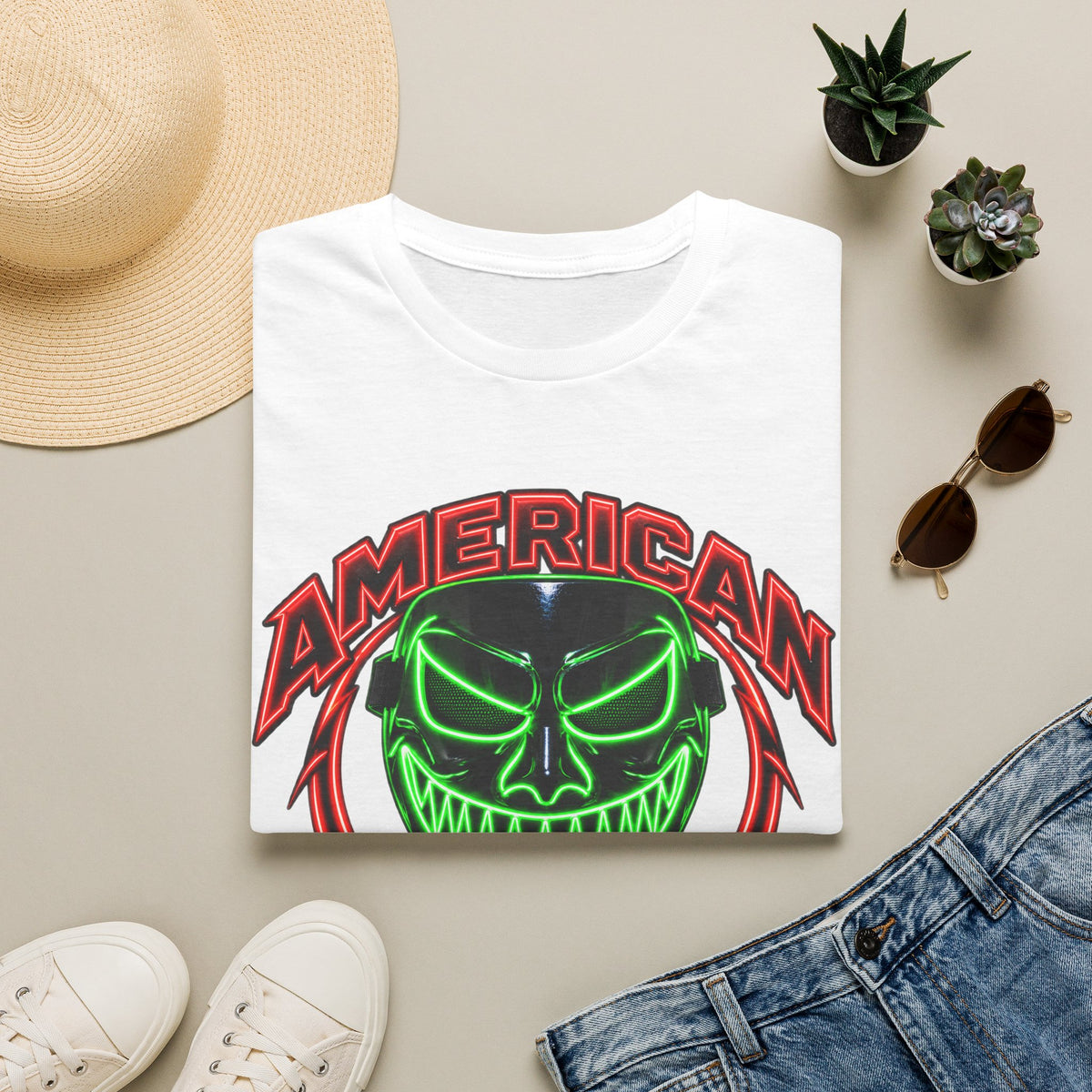 American Flex Graphic T-Shirt — Neon Skull Patriotic Streetwear