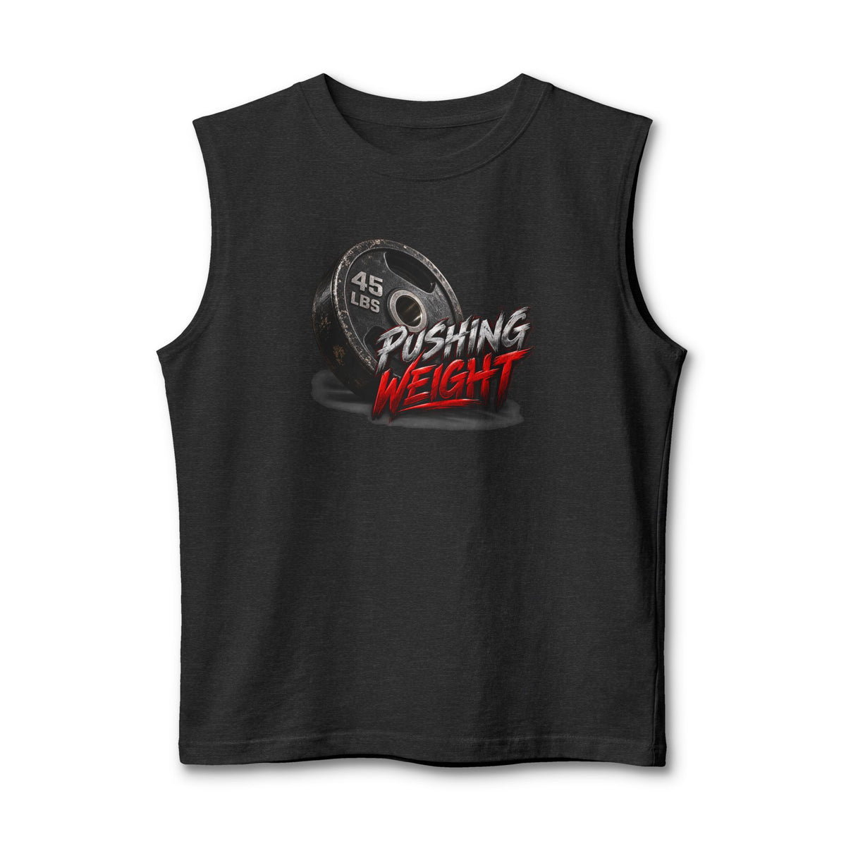 Pushing Weight Muscle Tank — Graphic Fitness Tank Top with 45 LB Plate