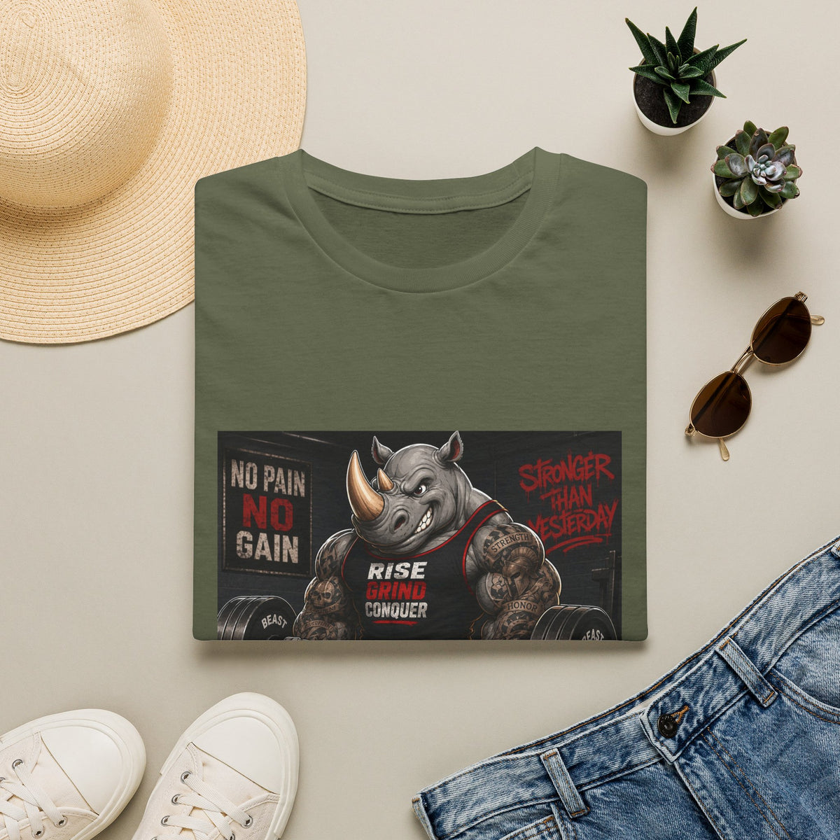 "No Pain No Gain / Rise Grind Conquer" Gym Tee