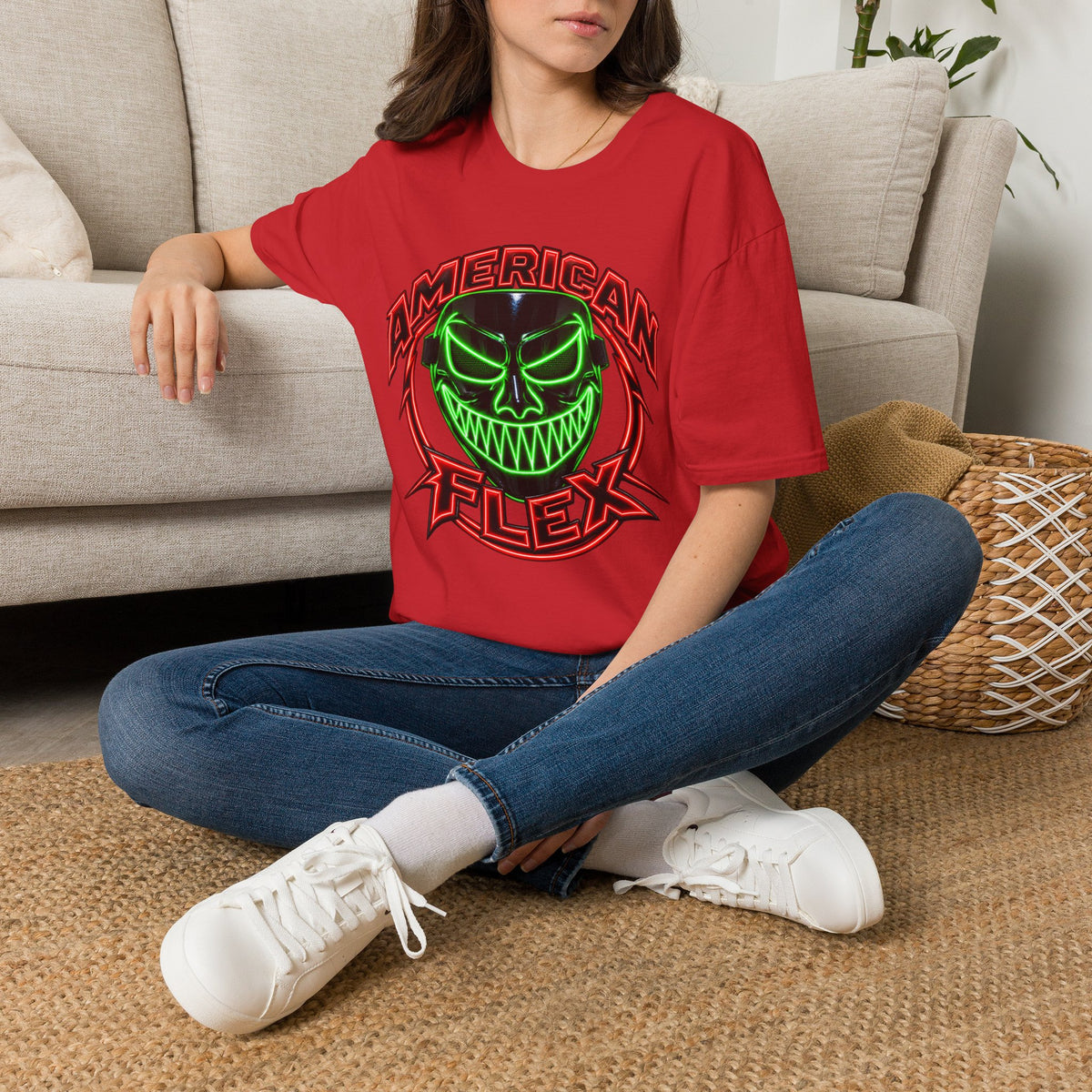 American Flex Graphic T-Shirt — Neon Skull Patriotic Streetwear