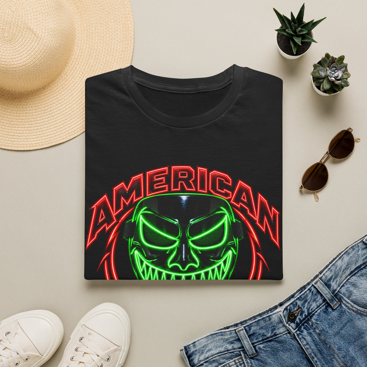 American Flex Graphic T-Shirt — Neon Skull Patriotic Streetwear