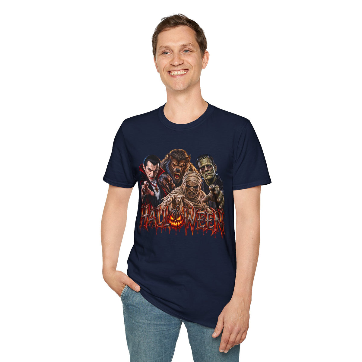 Halloween Classic Monsters T‑Shirt — Dracula, Werewolf, Mummy & Frankenstein Tee